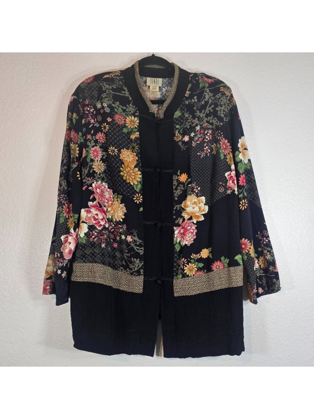 Teddi Vintage Tunic Blouse Women Plus Size 1X Floral Chinese Knots Black Boho